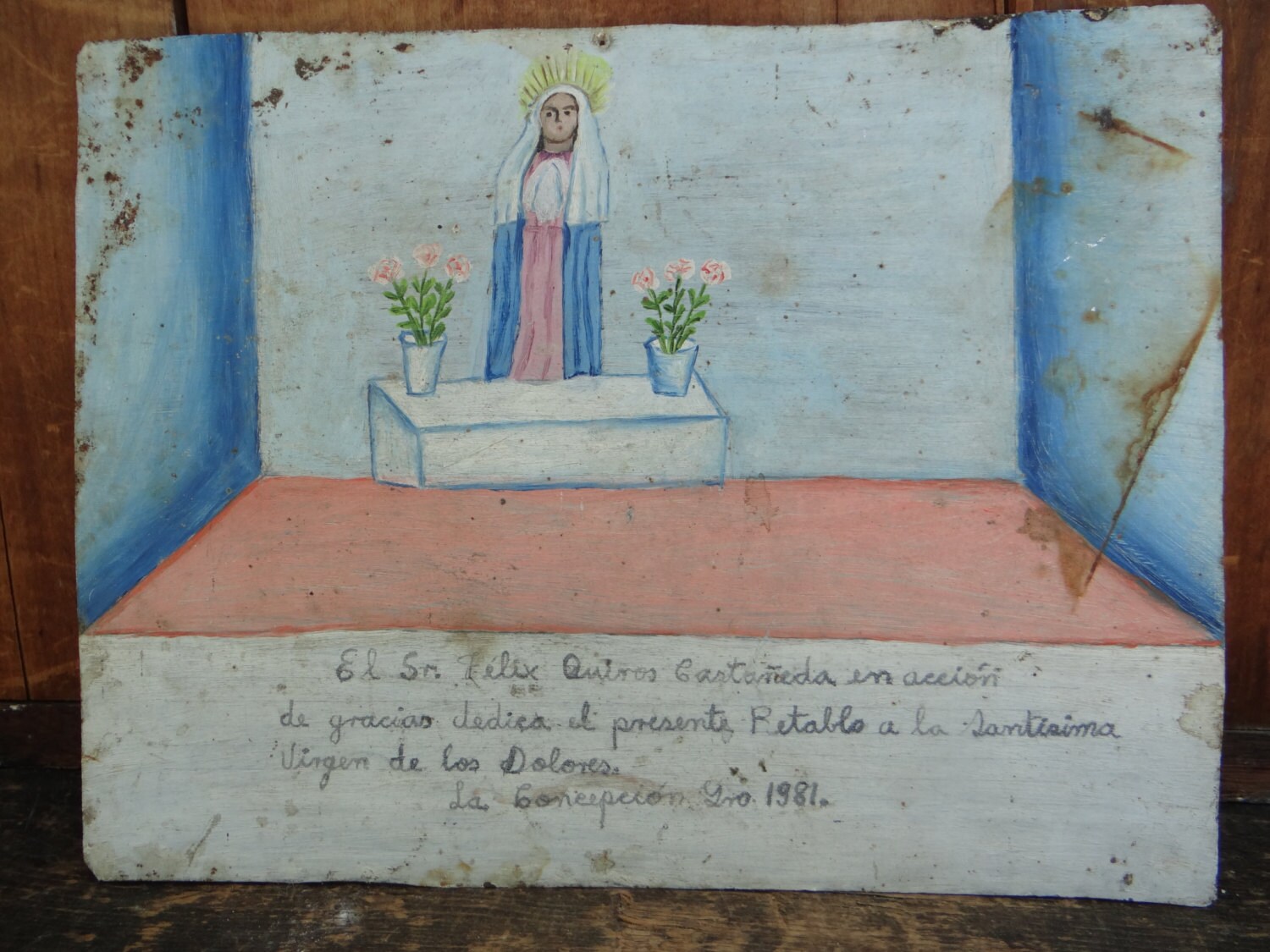 Vintage Ex Voto Mexican Votive Painting on Tin Mary the