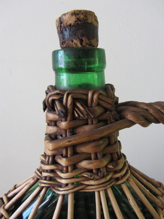 Large Antique French Wicker Covered Wine Bottle Home Decor