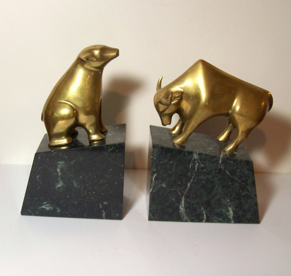 BULL & BEAR BOOKENDS Solid Brass on Green Marble For