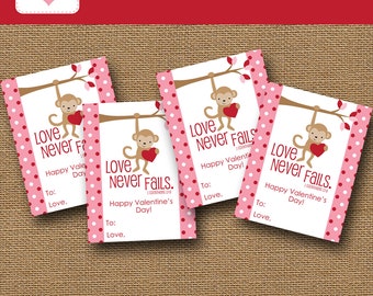 Kids Valentine Card | Monkey Valentine | DIY PRINTABLE | Childrens Valentine | Scripture, Bible Verse Valentine for Girls | Instant Download