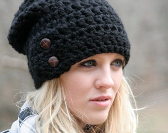 Slouchy Beanie Hat With Two Buttons Chunky Crochet Winter Hat THE DARTMOOR Black