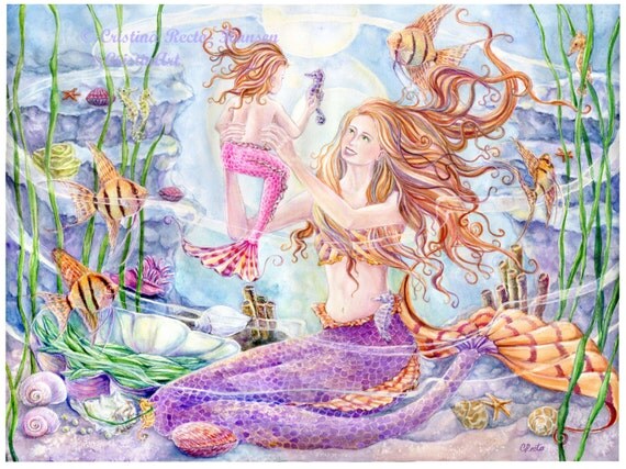 Mermaids Art print Mother and Child Angel Fish Mermaids with