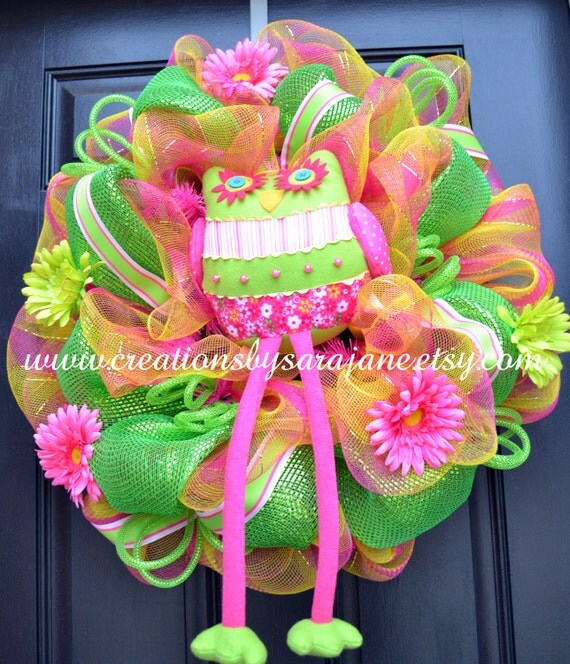 Spring Owl Wreath in Lime and Pink Deco by CreationsbySaraJane