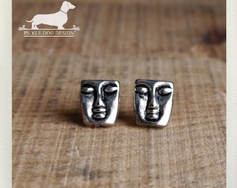 Aztec. Post Earrings -- (Silver, Face, Mask, Mime, Rustic, Emoticon, Studs, Small, Simple, Classic, Vintage-Style, Mexico, Gift Under 10)