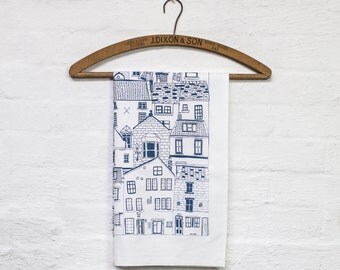 Coastal Cottages tea towel - kitchen textiles designed by Jessica Hogarth and printed in the UK - cotton design led tea towel