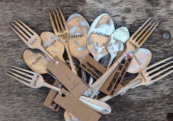 Garden Markers - Upcycled Vintage Silverware hand stamped forks spoons