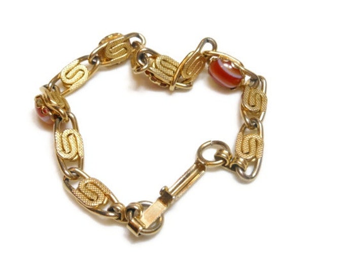 FREE SHIPPING Agate scarab bracelet, orange banded agate scarab type link bracelet vintage