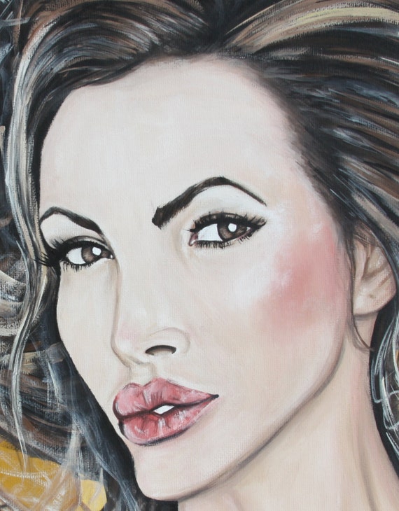 Nikki Benz Acrylic Portrait Painting w Honey Comb background. ◅. ▻