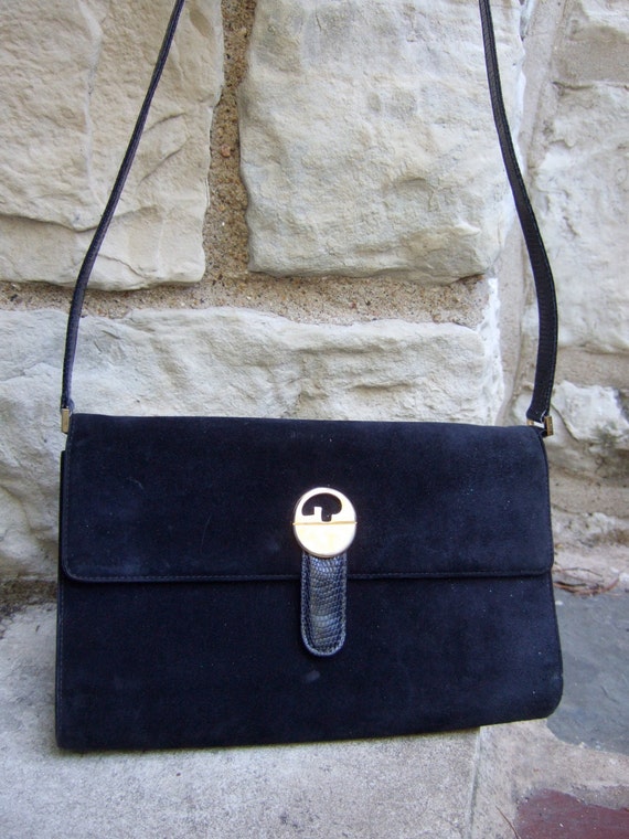 GUCCI Sleek Dark Blue Suede Shoulder Bag c 1970 Genuine