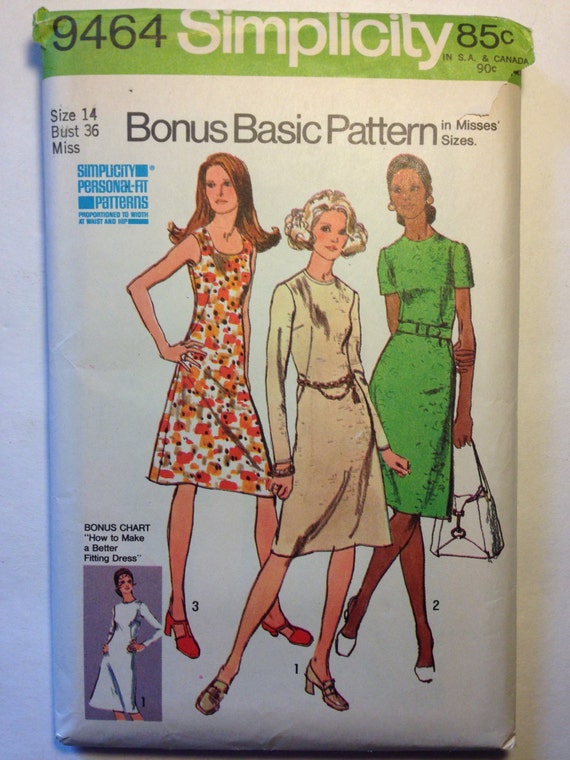 Simplicity 70s Sewing Pattern 9464 Misses Bonus Basic Dress With Two Necklines Size 14 Sale