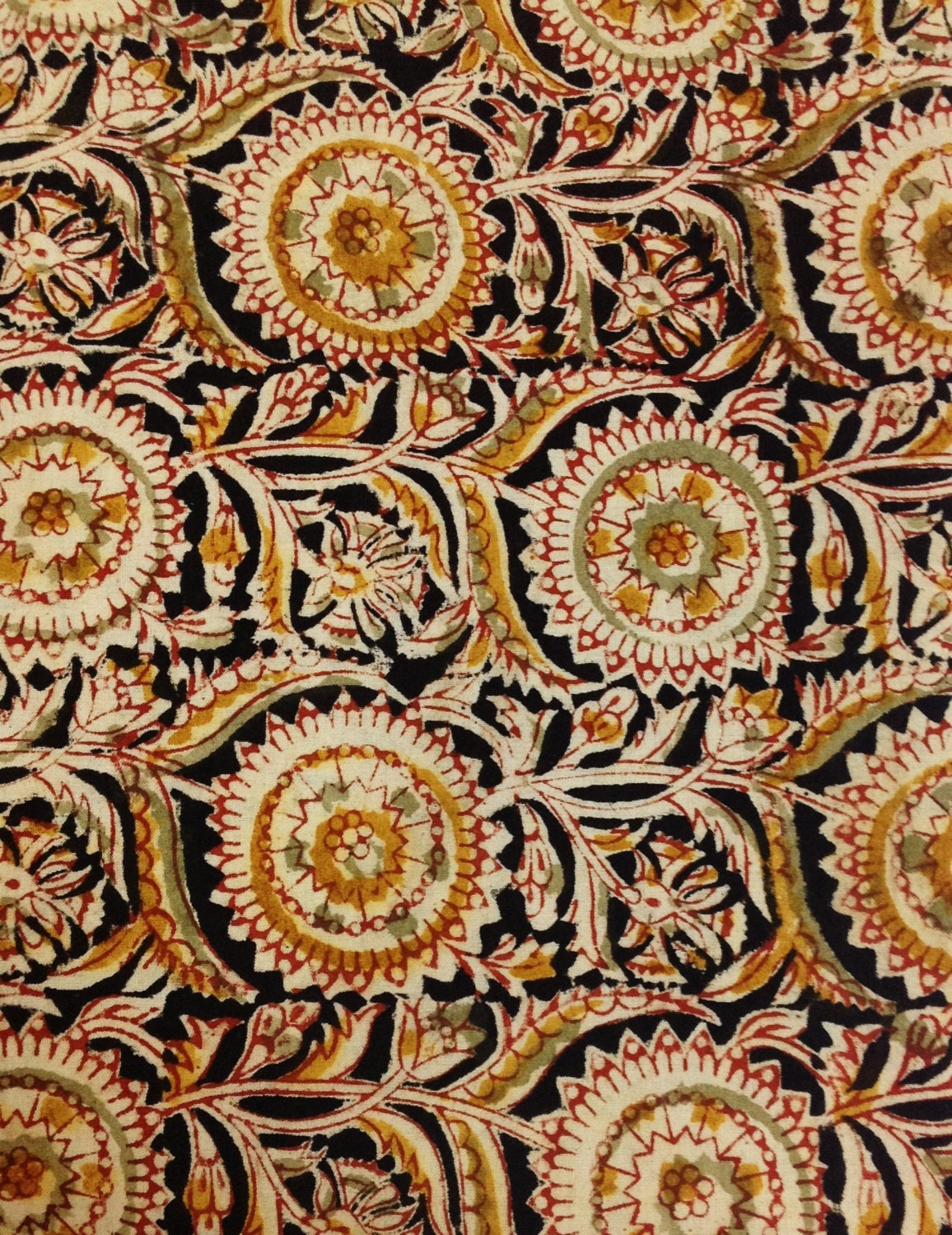 Floral Kalamkari Fabric in Mustard Black and Red Indian