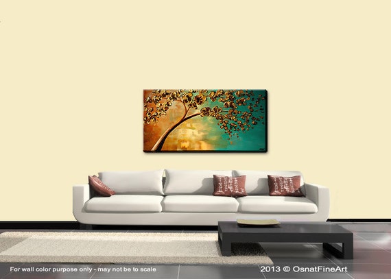 Original Landscape Painting Autumn Tree in Turquoise and Gold