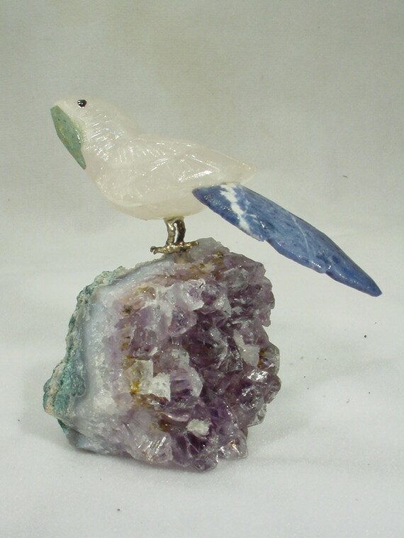 Carved Rose Quartz Parrot Bird with Sodalite Tail on by butw