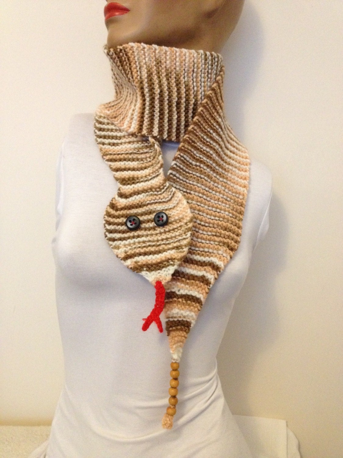 Snake Scarf Scarf Hand Knit Handknitted beige brown cream