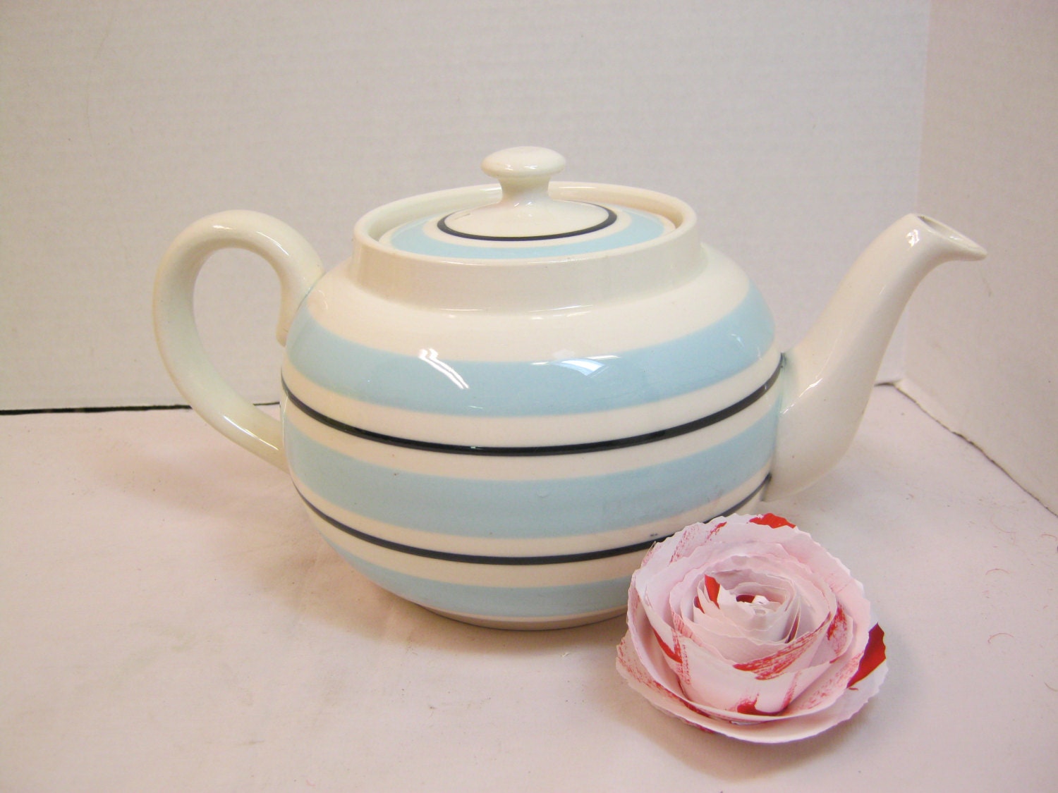 SALE Vintage SADLER TEAPOT White & Blue Stripe Staffordshire