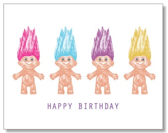 Retro HAPPY BIRTHDAY Card. TROLL Doll Card. Awesome Vintage Funny Card. 1990s Nostalgia. 1960s Card. 1980s Card. Troll Birthday