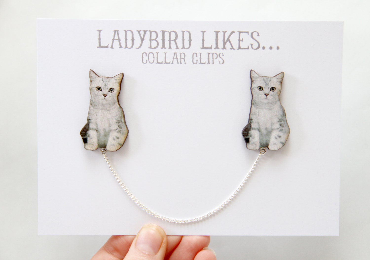 Grey Cat Wooden Collar Clips by ladybirdlikes on Etsy