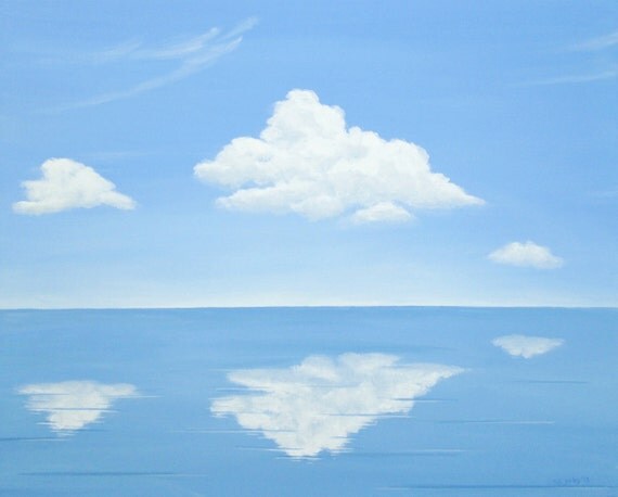 Original Ocean Painting Calm Seascape Blue Sky Art Large