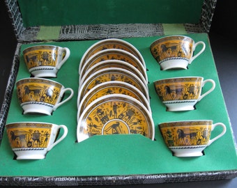 Vintage Greek or Egyptian Motif Cups and Saucers.- JUST REDUCED