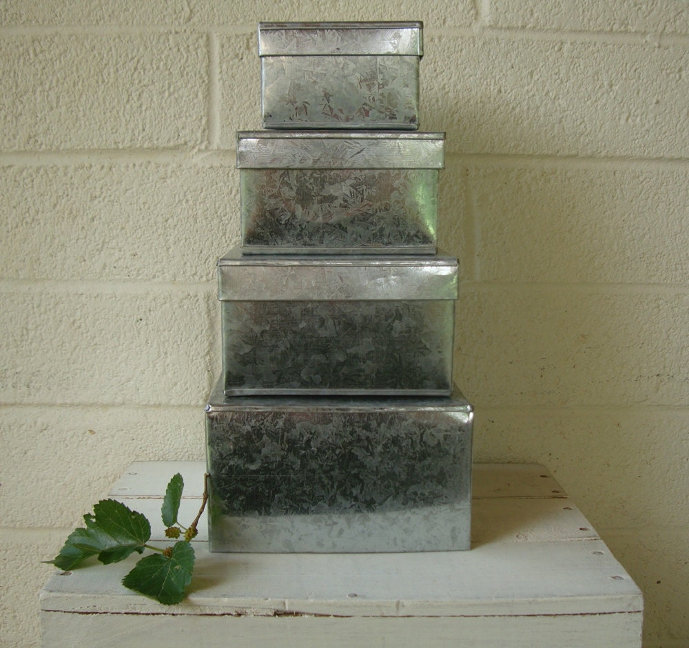 Galvanized TIN NESTING BOXES Set of 4 Metal Boxes with Lids