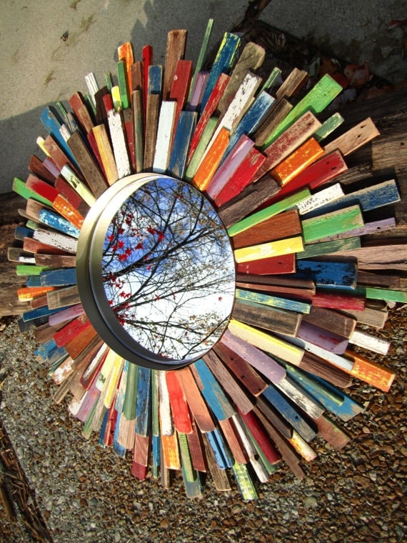 Reclaimed Wood Colorful Sunburst Mirror Art Wreath MADE TO ORDER