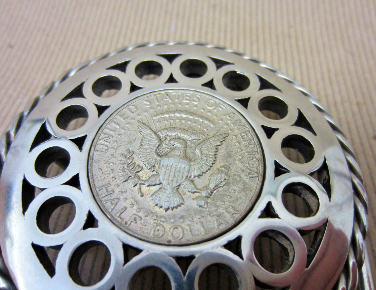 Handmade Stainless Steel Belt Buckle with Half Dollar Coin