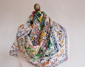 FLORAL silk scarf, 80s, large square, signed , hand rolled ,  summer theme