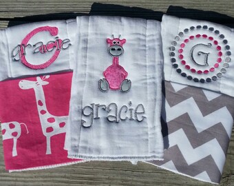 Personalized baby girl burp cloths - safari giraffe