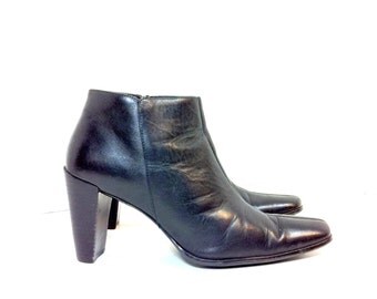 Leather High Heel Ankle Boots 9 - Minimal Chunk Heel Booties 9