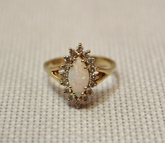Vintage Marquise Opal and Diamonds Ring 14K Gold