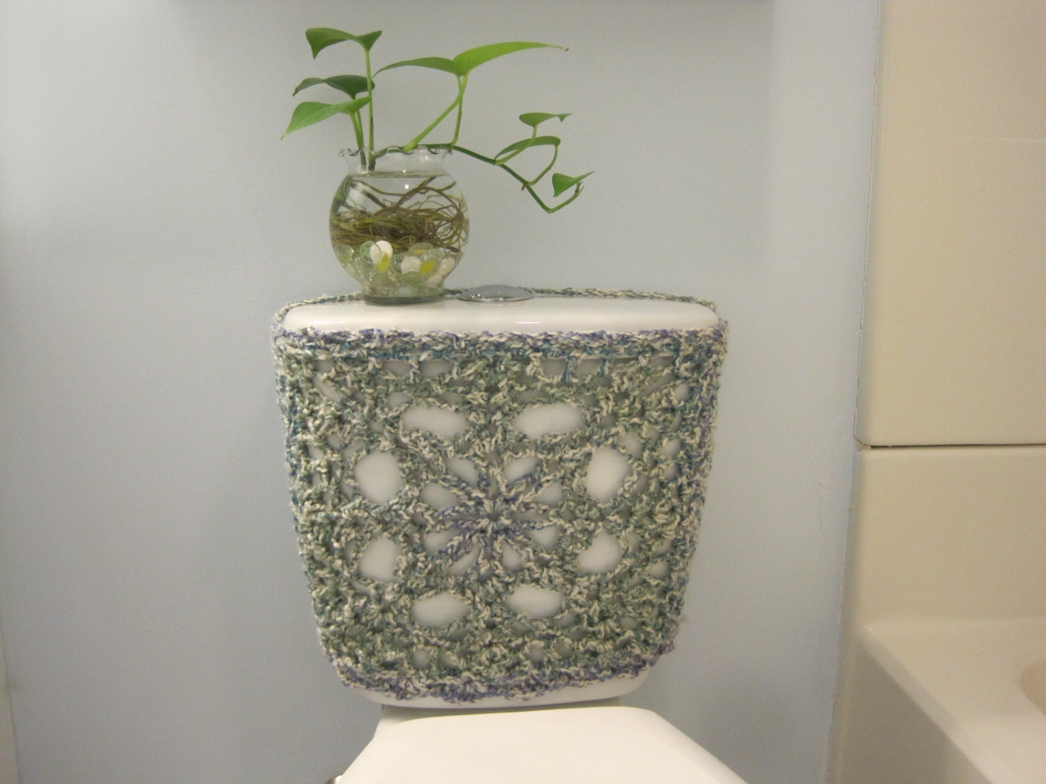 Crochet Toilet Tank Wrap front and sides ocean bluish