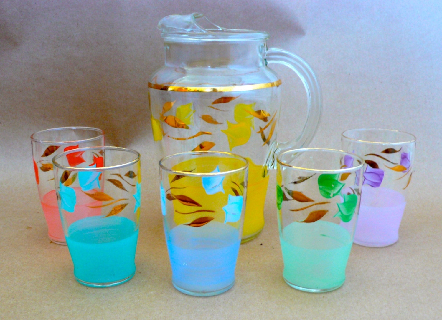 Vintage Hand Painted Glass Juice Set 5 Glasses with Pitcher