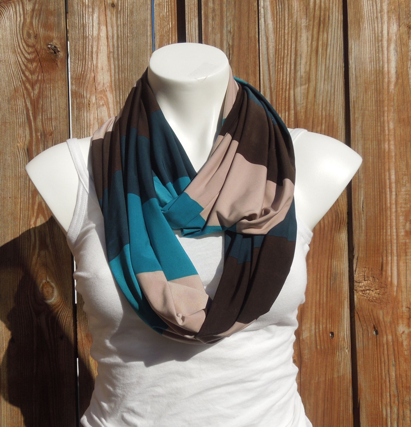 Teal/Brown Colorblock Jersey Infinity Scarf Loop Scarf Women