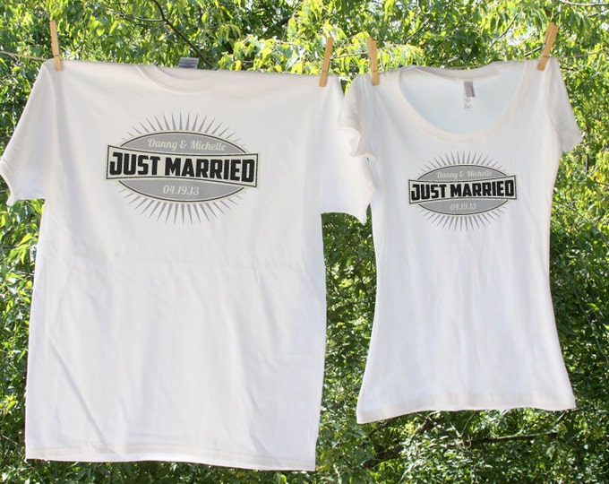 Just Married Shirts Grey Emblem - with names and date / two shirt set