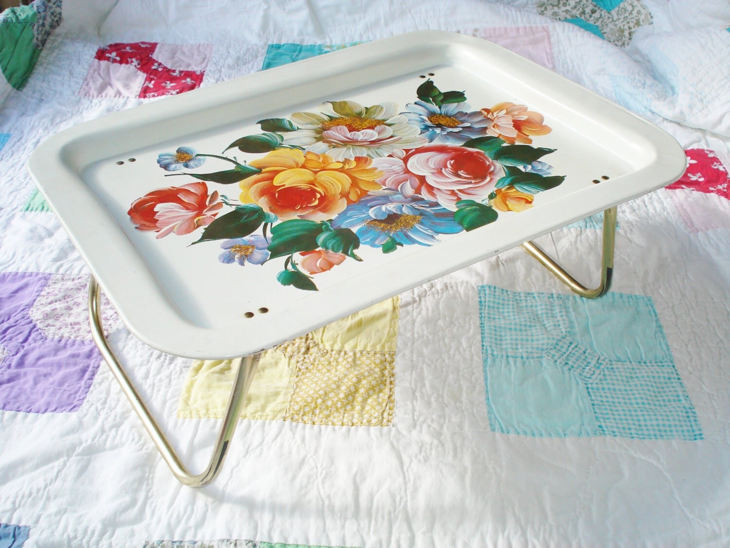 Vintage Bed Tray Metal Folding Legs Tole Floral Snack Tray