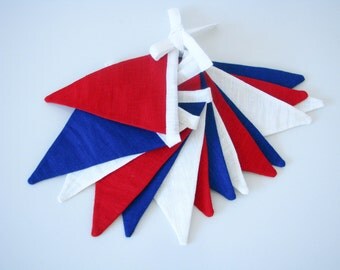 Bunting / Fabric Flag Banner / Pennant Nursery / Porch / Patio Decor / Photo Prop / Blue / Red / Champagne White