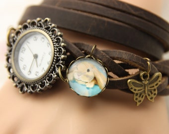 bracelet Brown leather rabbit ram