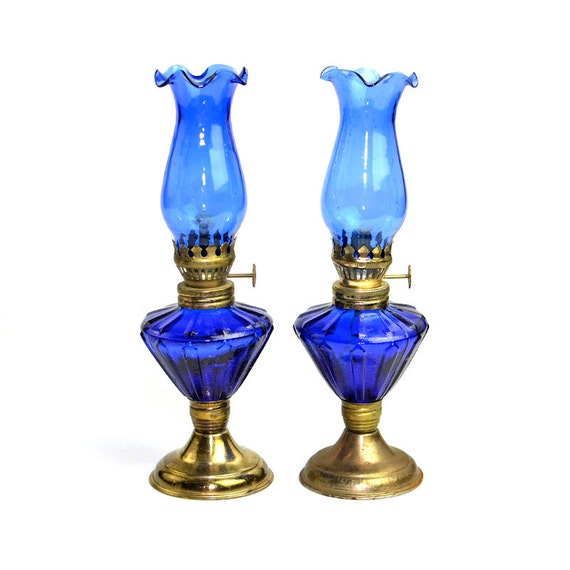 SALE Cobalt Blue Glass Oil Lamps SET OF 2 Complete