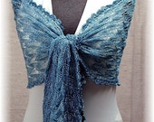 Lace Scarf hand knit in 100% Mulberry Silk naturally dyed with indigo for Spring/Summer