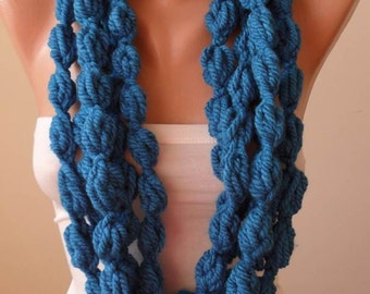 New - Blue Wool Infinity Scarf - Crochet Scarf