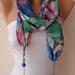 Necklace Scarf - Jewelry Scarf - Blue and Multicolor - Silk - Chiffon Scarf with Blue Trim Edge - Silvery Fabric