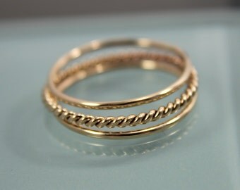 Thin Gold Rings Set of 3 14k SOLID Yellow Gold Stack 1 Very Skinny Rope Twist Infinity Ring 2 Thin Round Simple Stacking Band Ring Shiny F