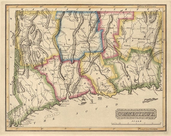 Antique Map of Connecticut c1817 by Fielding by BlueMonoclePrints