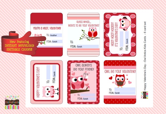 INSTANT DOWNLOAD - EDITABLE - Printable Personalized Kids Valentine's Day Cards with Owls - red and pink - 6 card set Il_570xn