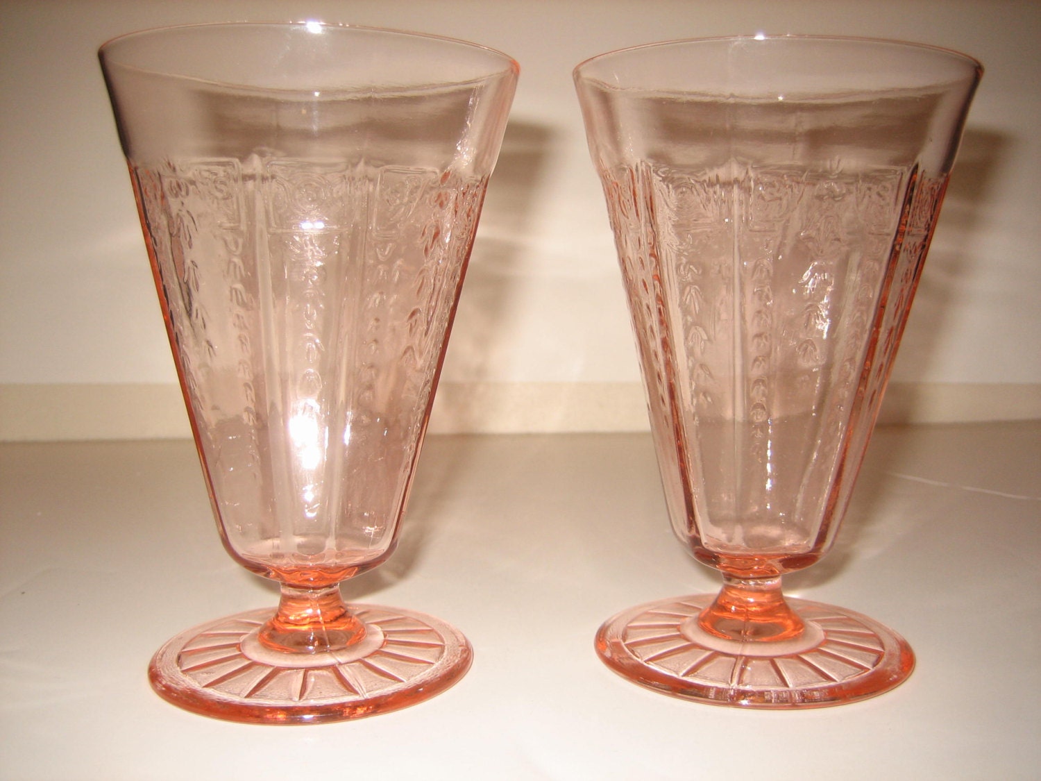 2 Pink Princess Depression Glass Footed Tumblers