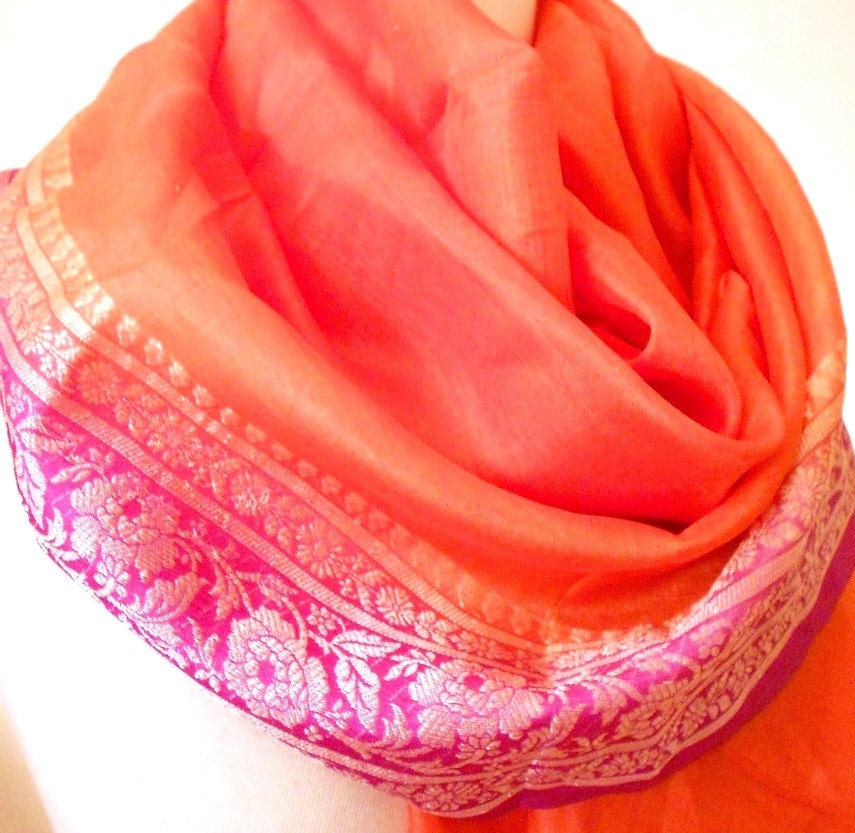 Pink Orange Silk Scarf Indian Scarf Silk Sari Scarf Vintage