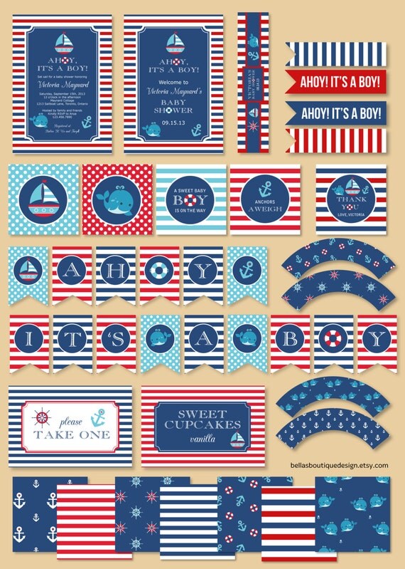 Ahoy It's a Boy, Baby Shower Party Printables, Cupcake Toppers, Door Sign, Favor Tags, Labels, Paper Il_570xn
