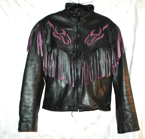 leather Motorcycle Jacket FRINGE BLACK LEATHER sz xl womens