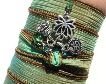 Namaste, Silk Wrap Bracelet, Yoga, Bohemian, Om, Jewelry, Lotus, Buddha, Mother Nature, Green, Earthy, Unique, Gift For Her Item J85