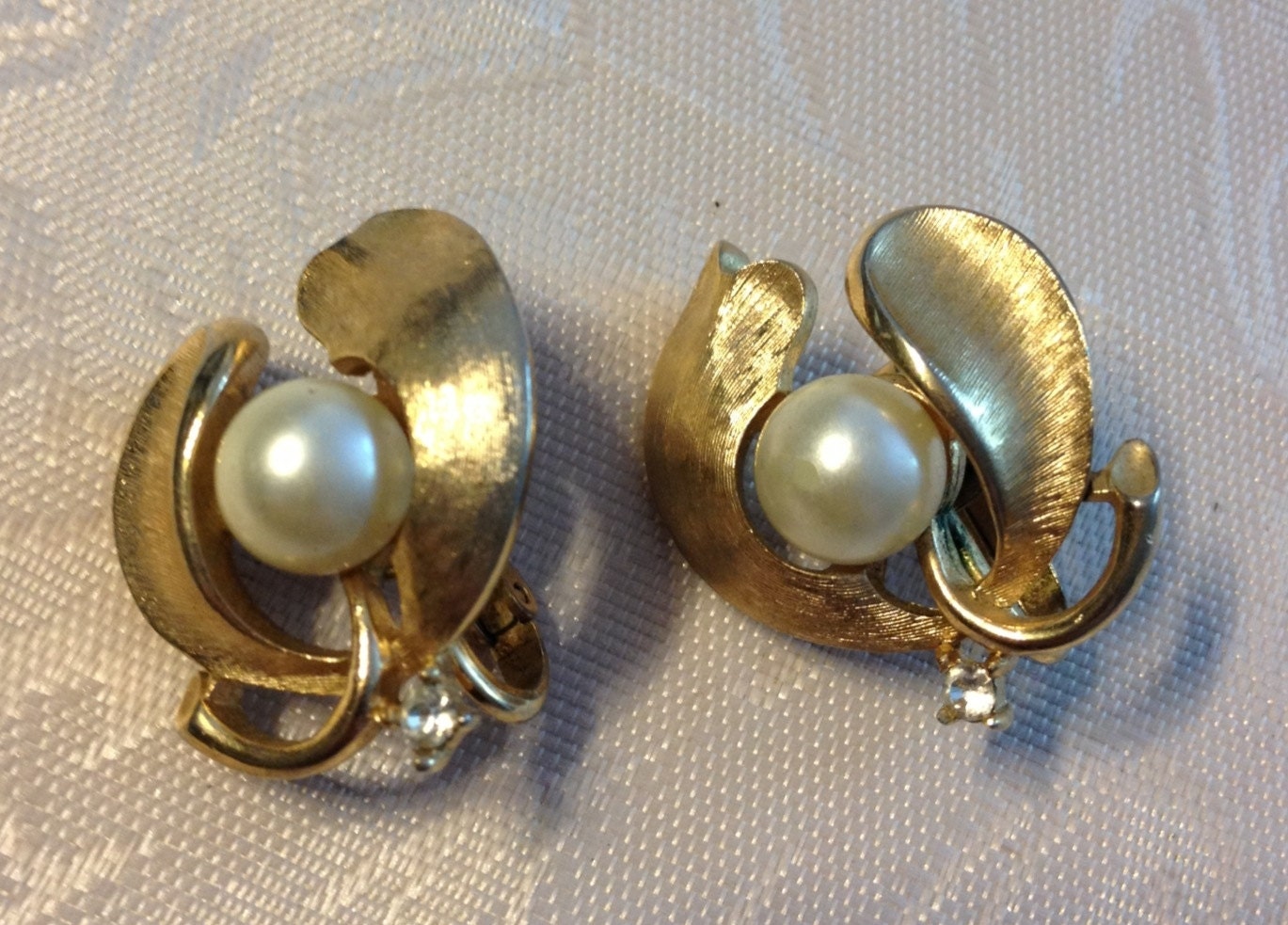 Trifari Clip On Earrings Gold Tone with Pearl and Clear